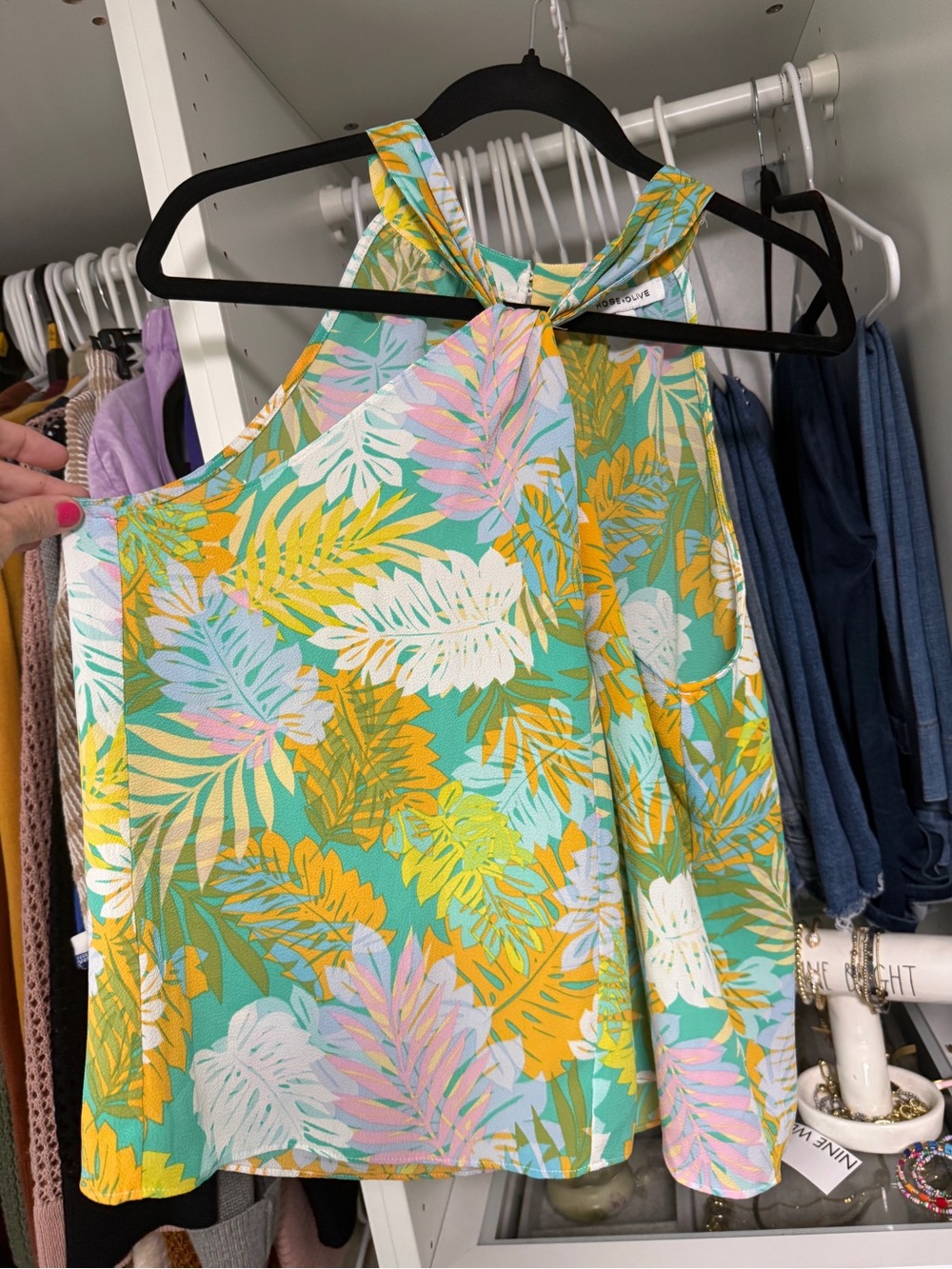 Rose & Olive Teal Tropical Print Tank Top with Yellow & Pink Leaves - Picture 10 of 11